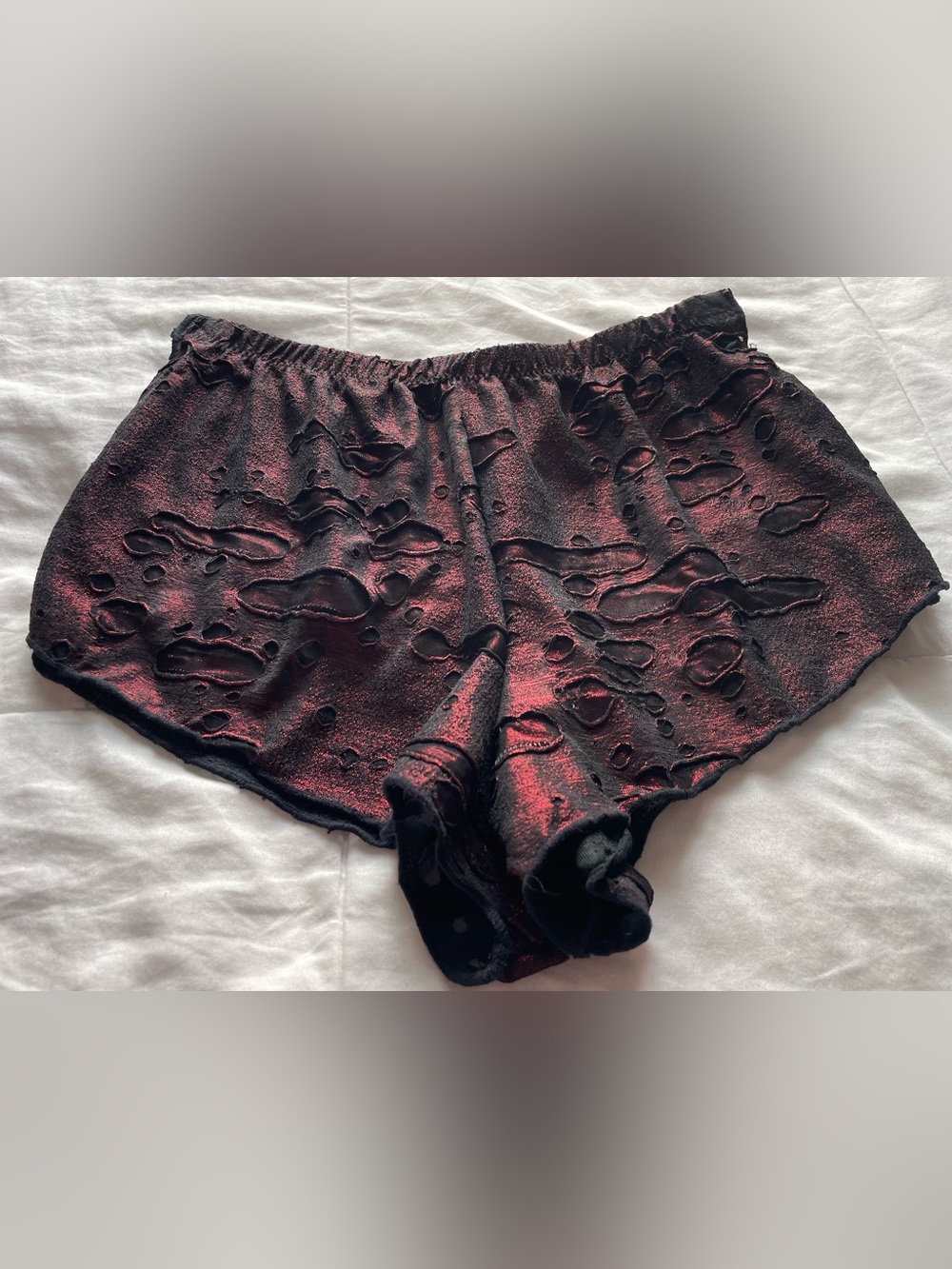 Vintage Red Black Metallic Sheer Distressed Mesh Side Split Shorts Small Grunge